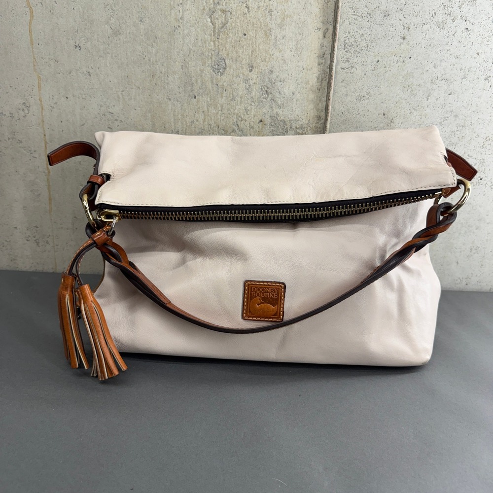 Dooney & Bourke Sloan Cream Leather Hobo Bag with Tassels & Dust Bag